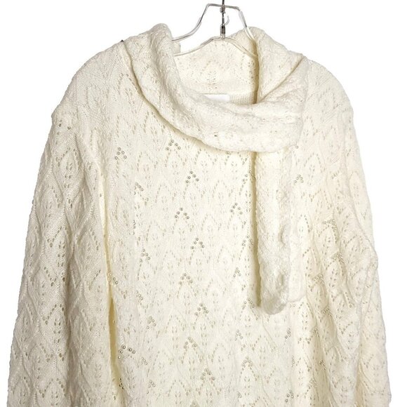 Open Knit Pointelle Sweater XL Off White Faux Pearl Beaded Cowl Neck Feminine - Picture 2 of 5